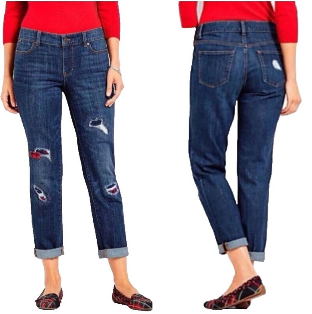 Talbots Boho Distressed w Plaid Patches Boyfriend Jeans Size 2 NWOT Punk